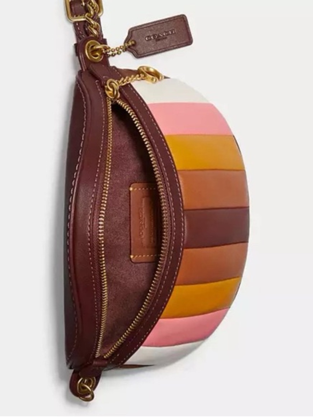 COACH Quilted Multi-Stripe Calf Leather Crossbody Belt Bag - Brown Pink Yellow